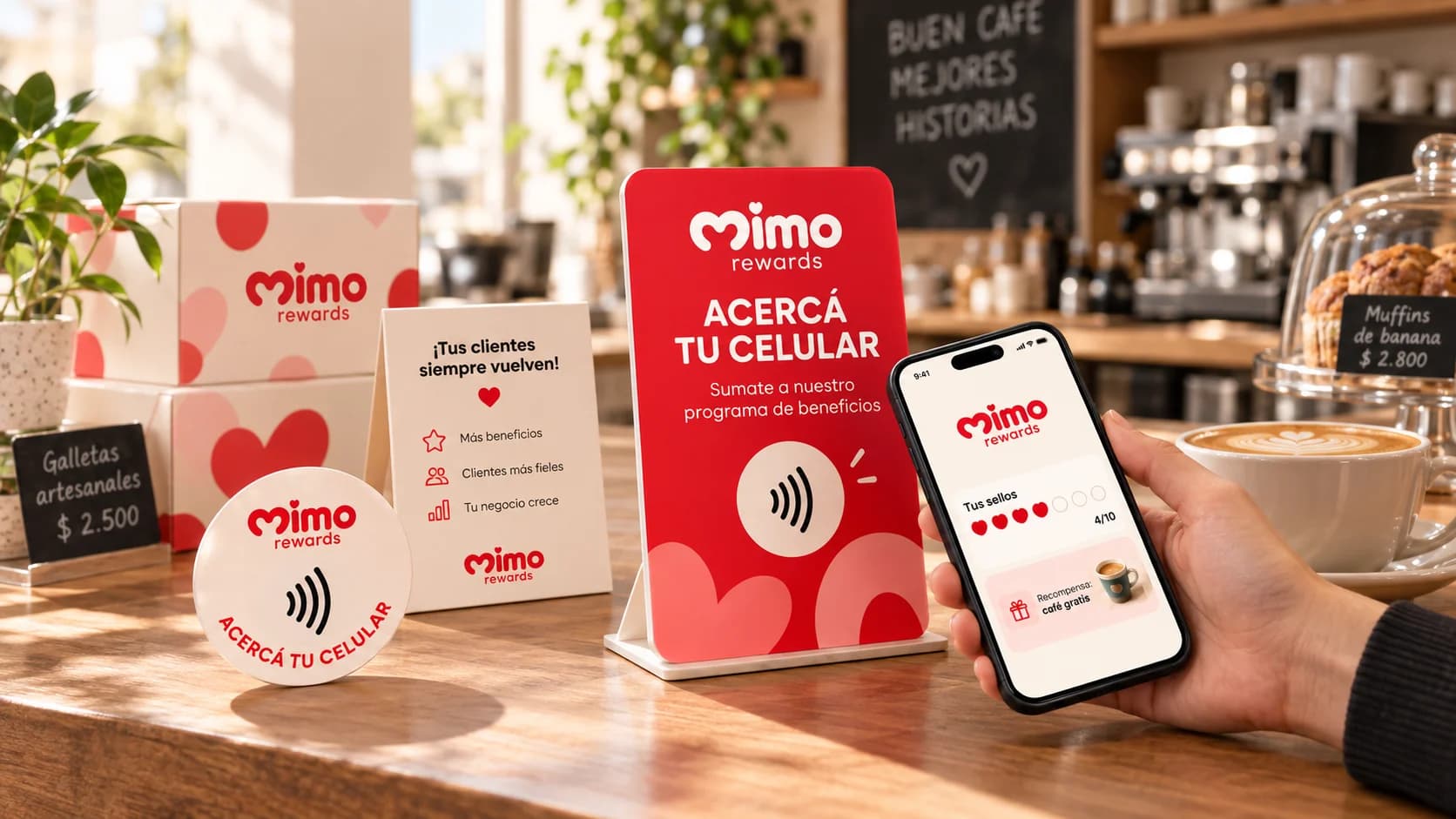 Soporte NFC rojo mimo rewards junto a un celular y un kit de bienvenida en una cafetería